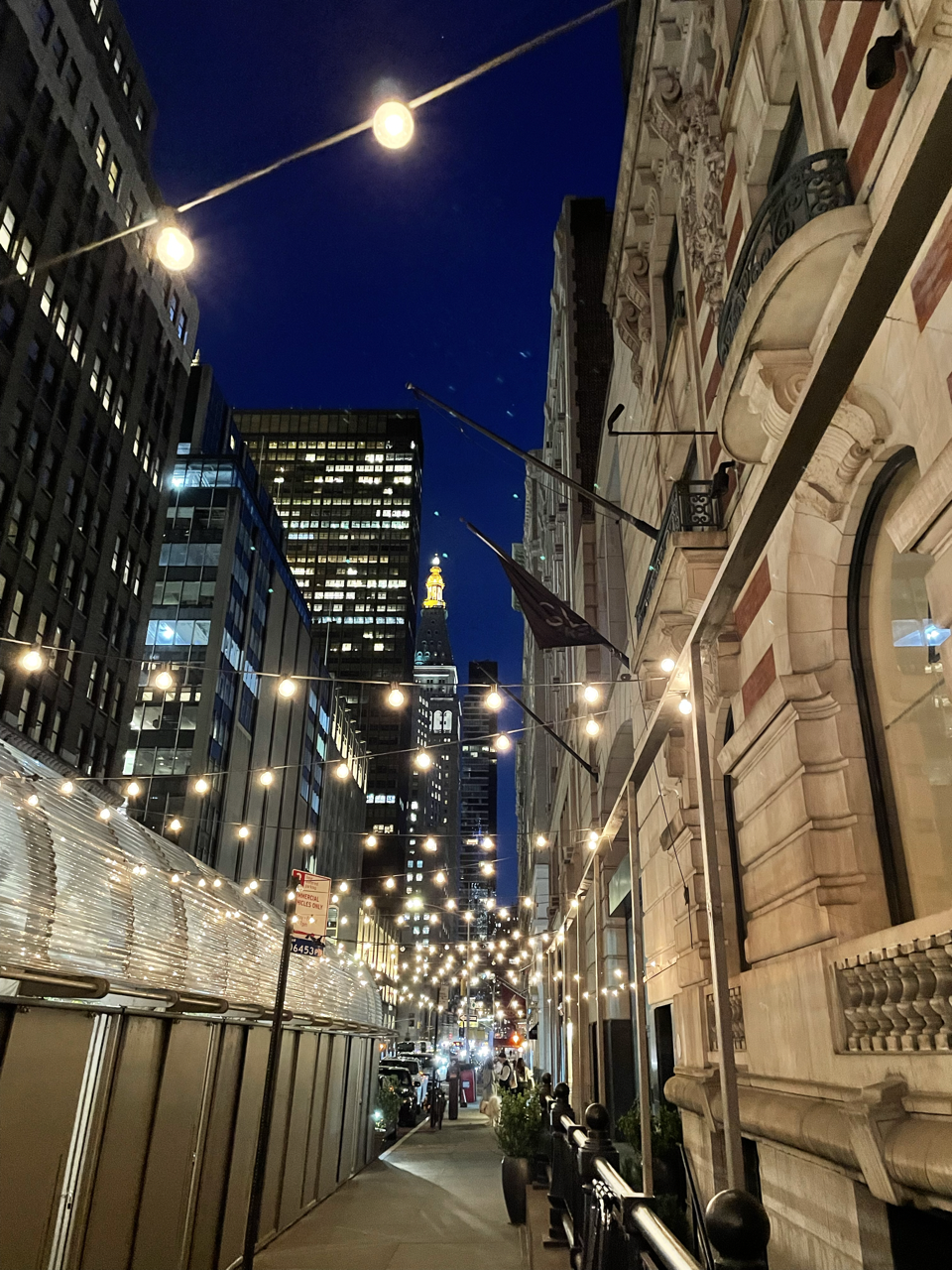 a photo, at night, of fairy lights strung between a building with an old facade and the makeshift covered outdoor seating from a hotel restaurant. a piece of the new york skyline is visible